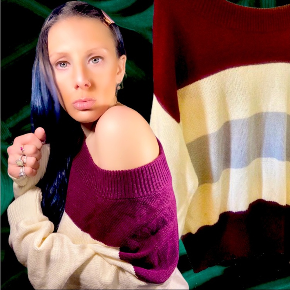 Lucky Brand Ladies Colorblock Striped Sweater Multi Burgundy Knit Pullover Small